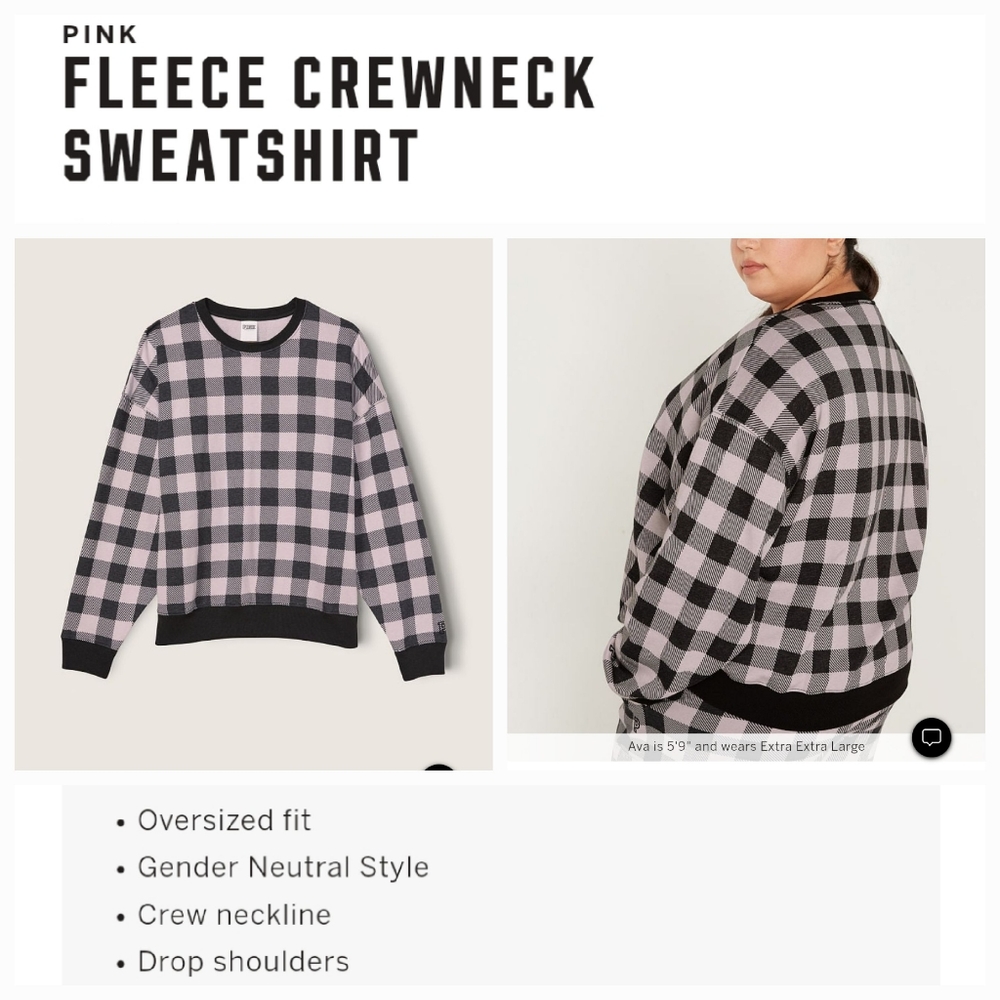 Victoria's secret pink fleece oversized COZY crewneck sweatshirt SMALL PLAID